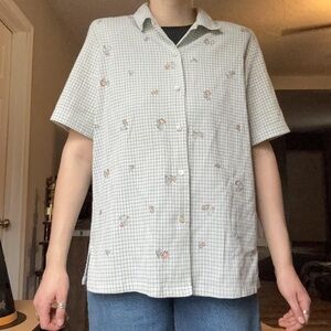 Green Checkered Short Sleeve Shirt with Floral Embroidery